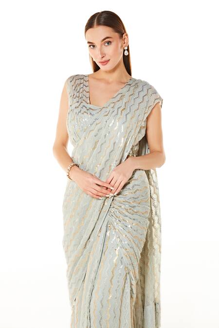 Rabani & Rakha_Silver Georgette Beads, Sairaa Chevron Pattern Pre-stitched Saree With Blouse _Online_at_Aza_Fashions