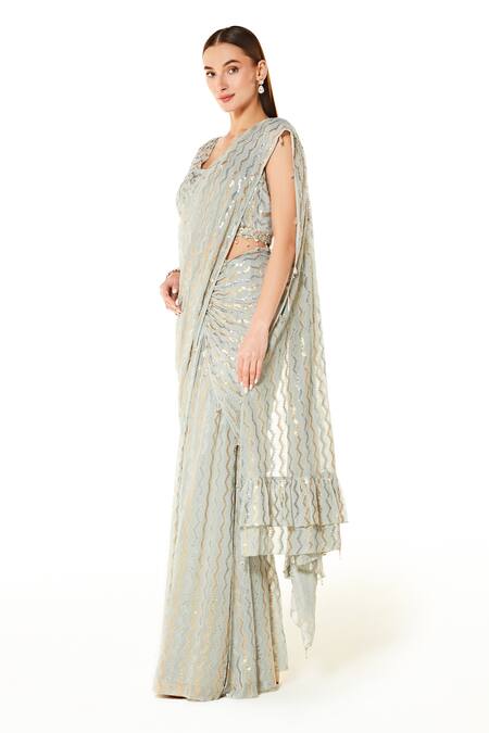 Buy_Rabani & Rakha_Silver Georgette Beads, Sairaa Chevron Pattern Pre-stitched Saree With Blouse _Online_at_Aza_Fashions