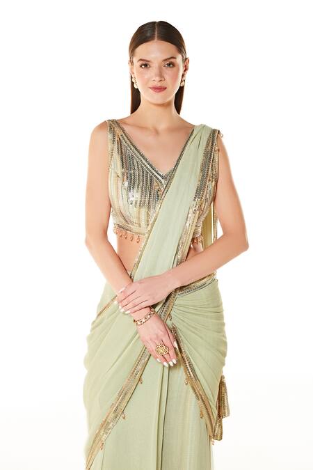Rabani & Rakha Green Georgette Sequins, Beads V-neck Sairaa Pant Saree With Blouse Online at Aza Fashions Rabani & Rakha_Green Georgette Sequins, Beads V-neck Sairaa Pant Saree With Blouse _Online_at_Aza_Fashions