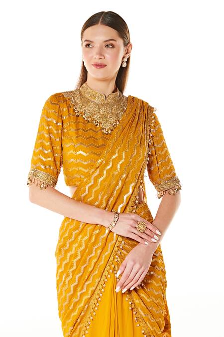 Rabani & Rakha_Yellow Georgette Sequins, Cut Work Sairaa Layered Pre-draped Saree With Blouse _Online_at_Aza_Fashions