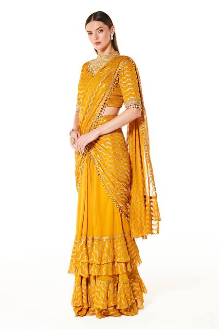 Buy_Rabani & Rakha_Yellow Georgette Sequins, Cut Work Sairaa Layered Pre-draped Saree With Blouse _Online_at_Aza_Fashions
