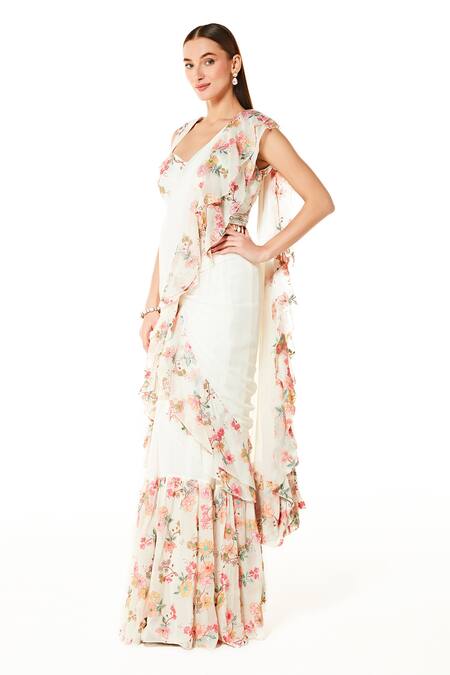 Buy Rabani & Rakha Ivory Georgette Sequins, Embroidery Sairaa Ruffle Pre-draped Saree With Blouse Online at Aza Fashions Buy_Rabani & Rakha_Ivory Georgette Sequins, Embroidery Sairaa Ruffle Pre-draped Saree With Blouse _Online_at_Aza_Fashions