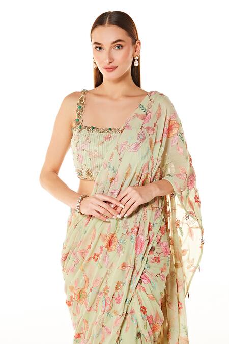 Rabani & Rakha Green Georgette Beads, Embroidery Square Sairaa Pre-stitched Saree With Blouse Online at Aza Fashions Rabani & Rakha_Green Georgette Beads, Embroidery Square Sairaa Pre-stitched Saree With Blouse _Online_at_Aza_Fashions