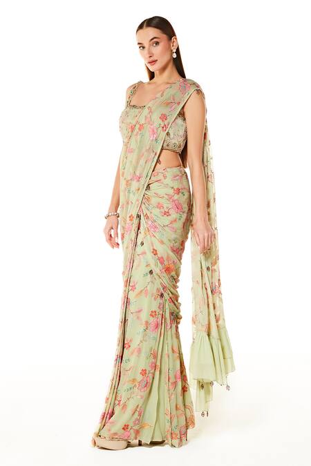Buy Rabani & Rakha Green Georgette Beads, Embroidery Square Sairaa Pre-stitched Saree With Blouse Online at Aza Fashions Buy_Rabani & Rakha_Green Georgette Beads, Embroidery Square Sairaa Pre-stitched Saree With Blouse _Online_at_Aza_Fashions