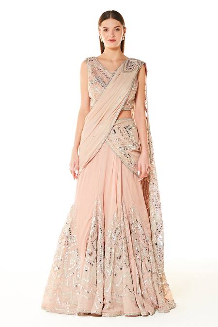 Rabani & Rakha_Peach Georgette Gota Patti, Pearls, Adha Embroidered Lehenga Saree With Blouse _Online_at_Aza_Fashions