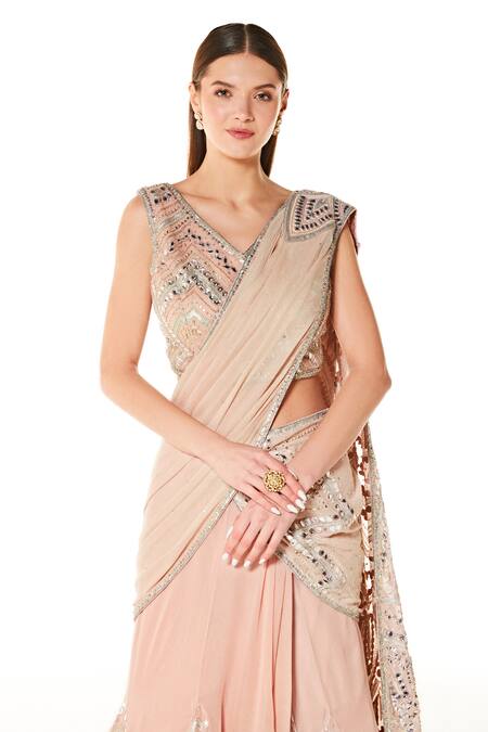 Buy_Rabani & Rakha_Peach Georgette Gota Patti, Pearls, Adha Embroidered Lehenga Saree With Blouse _Online_at_Aza_Fashions