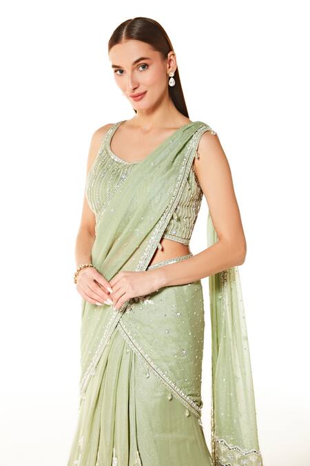 Rabani & Rakha Green Georgette Pearls, Sequins, Gota Patti Adha Embroidered Lehenga Saree Set Online at Aza Fashions Rabani & Rakha_Green Georgette Pearls, Sequins, Gota Patti Adha Embroidered Lehenga Saree Set _Online_at_Aza_Fashions
