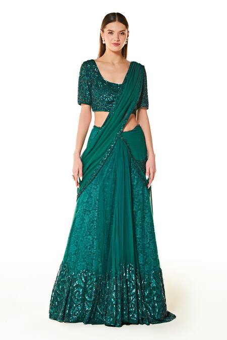 Rabani & Rakha Green Net, Georgette Sequins Round Adha Embroidered Lehenga Saree With Blouse Online at Aza Fashions Rabani & Rakha_Green Net, Georgette Sequins Round Adha Embroidered Lehenga Saree With Blouse _Online_at_Aza_Fashions