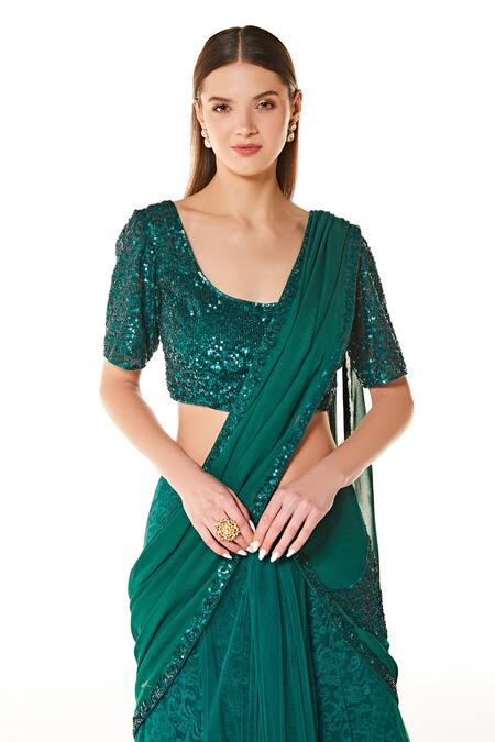 Buy Rabani & Rakha Green Net, Georgette Sequins Round Adha Embroidered Lehenga Saree With Blouse Online at Aza Fashions Buy_Rabani & Rakha_Green Net, Georgette Sequins Round Adha Embroidered Lehenga Saree With Blouse _Online_at_Aza_Fashions