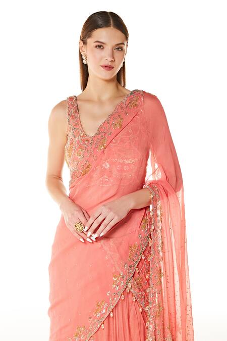 Rabani & Rakha_Pink Net, Georgette Beads, Sequins Adha Embroidered Lehenga Saree With Blouse _Online_at_Aza_Fashions