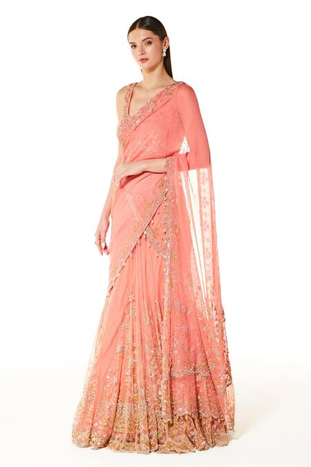 Buy_Rabani & Rakha_Pink Net, Georgette Beads, Sequins Adha Embroidered Lehenga Saree With Blouse _Online_at_Aza_Fashions