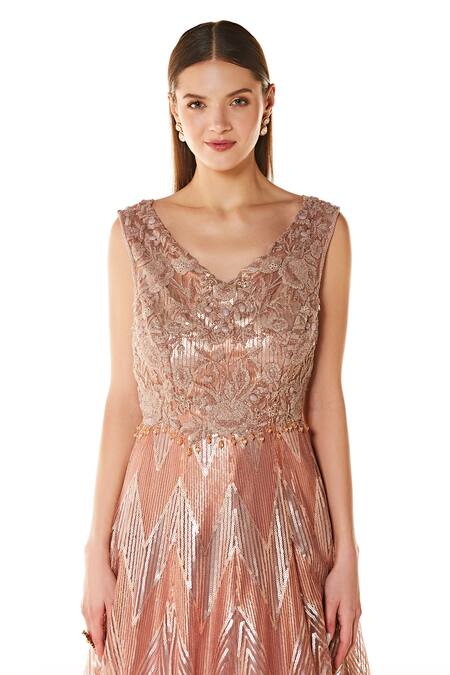 Buy_Rabani & Rakha_Pink Net Beads, Embroidery V-neck Adah Gown _Online_at_Aza_Fashions