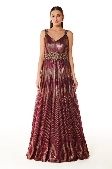 Rabani & Rakha_Wine Net Embroidery V-neck Adah Chevron Pattern Sequin Gown _Online_at_Aza_Fashions