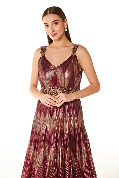 Buy_Rabani & Rakha_Wine Net Embroidery V-neck Adah Chevron Pattern Sequin Gown _Online_at_Aza_Fashions