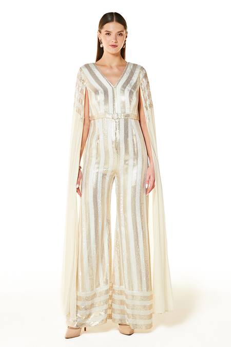 Rabani & Rakha_Ivory Georgette Embroidery Sequin V Neck Adha Stripe Jumpsuit  _Online_at_Aza_Fashions