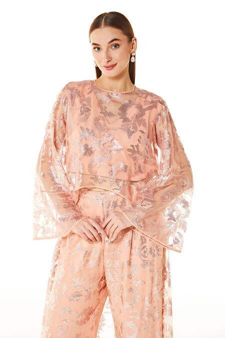 Rabani & Rakha Peach Georgette Sequins V-neck Abstract Embroidered Cape And Palazzo Set Online at Aza Fashions Rabani & Rakha_Peach Georgette Sequins V-neck Abstract Embroidered Cape And Palazzo Set _Online_at_Aza_Fashions