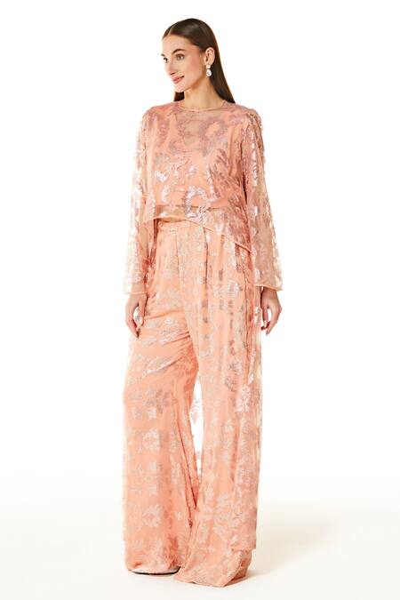 Buy Rabani & Rakha Peach Georgette Sequins V-neck Abstract Embroidered Cape And Palazzo Set Online at Aza Fashions Buy_Rabani & Rakha_Peach Georgette Sequins V-neck Abstract Embroidered Cape And Palazzo Set _Online_at_Aza_Fashions