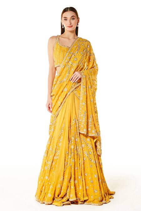 Buy Rabani & Rakha Yellow Georgette Gota Patti, Floral Embroidered Mustard Lehenga Saree Set Online at Aza Fashions Buy_Rabani & Rakha_Yellow Georgette Gota Patti, Floral Embroidered Mustard Lehenga Saree Set _Online_at_Aza_Fashions