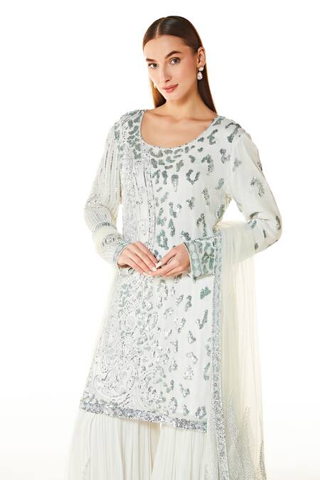 Rabani & Rakha_Off White Georgette, Net Cut Work, Ayat Hand Embroidered Kurta Gharara Set _Online_at_Aza_Fashions
