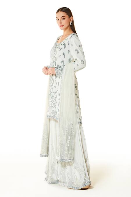 Buy_Rabani & Rakha_Off White Georgette, Net Cut Work, Ayat Hand Embroidered Kurta Gharara Set _Online_at_Aza_Fashions