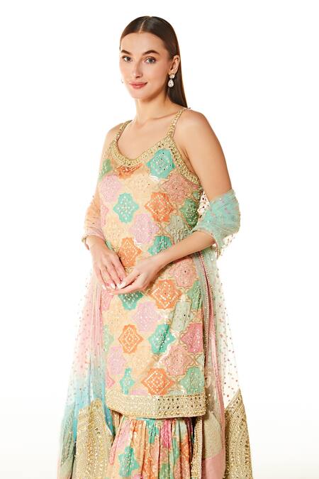 Rabani & Rakha_Multi Color Georgette, Net Sequins, Gota Patti, Ayat Bandhani Kurta Gharara Set _Online_at_Aza_Fashions