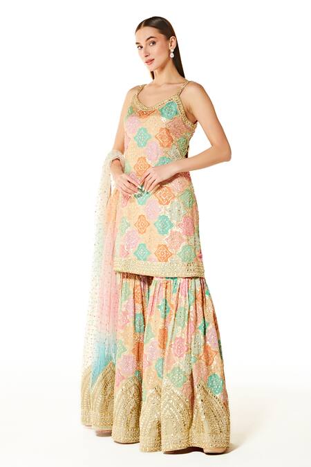 Buy_Rabani & Rakha_Multi Color Georgette, Net Sequins, Gota Patti, Ayat Bandhani Kurta Gharara Set _Online_at_Aza_Fashions