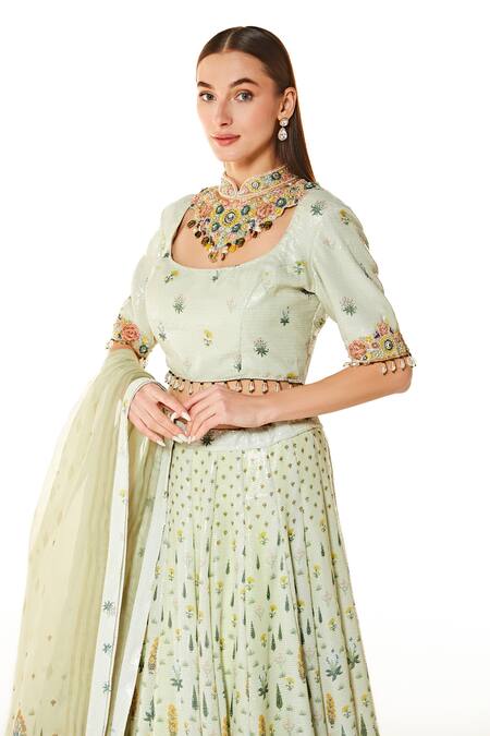 Rabani & Rakha_Green Georgette, Organza Sequins, Nadia Floral Print Bridal Lehenga Set _Online_at_Aza_Fashions