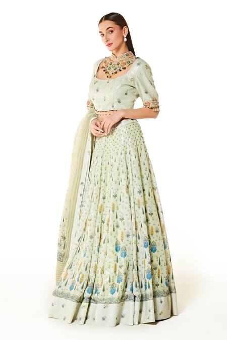 Buy_Rabani & Rakha_Green Georgette, Organza Sequins, Nadia Floral Print Bridal Lehenga Set _Online_at_Aza_Fashions
