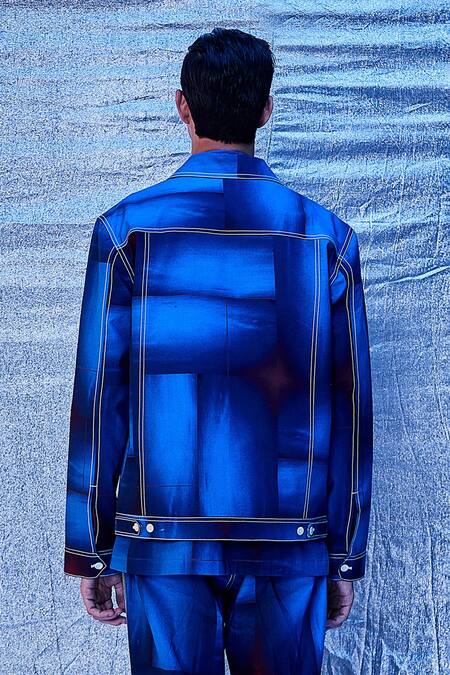 Buy_Line Out Line_Blue Cotton Printed And Embroidered Haze & Thread Stitch Work Bomber Jacket_Online_at_Aza_Fashions