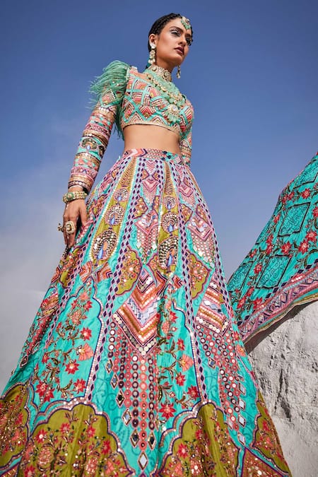 The Royaleum Blue Silk, Crepe Sequins, Beads, Cut Hand Embroidered Blouse Bridal Lehenga Set Online at Aza Fashions The Royaleum_Blue Silk, Crepe Sequins, Beads, Cut Hand Embroidered Blouse Bridal Lehenga Set _Online_at_Aza_Fashions