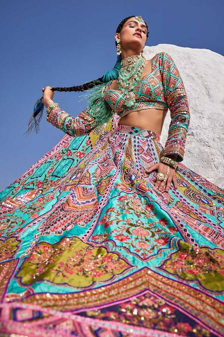Shop The Royaleum Blue Silk, Crepe Sequins, Beads, Cut Hand Embroidered Blouse Bridal Lehenga Set Online at Aza Fashions Shop_The Royaleum_Blue Silk, Crepe Sequins, Beads, Cut Hand Embroidered Blouse Bridal Lehenga Set _Online_at_Aza_Fashions