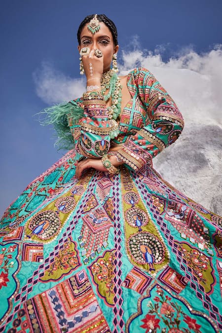 The Royaleum Blue Silk, Crepe Sequins, Beads, Cut Hand Embroidered Blouse Bridal Lehenga Set at Aza Fashions The Royaleum_Blue Silk, Crepe Sequins, Beads, Cut Hand Embroidered Blouse Bridal Lehenga Set _at_Aza_Fashions