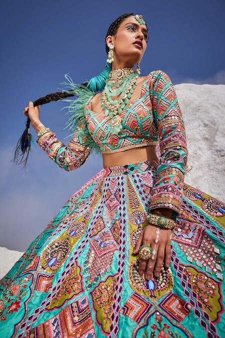 Buy The Royaleum Blue Silk, Crepe Sequins, Beads, Cut Hand Embroidered Blouse Bridal Lehenga Set Buy_The Royaleum_Blue Silk, Crepe Sequins, Beads, Cut Hand Embroidered Blouse Bridal Lehenga Set