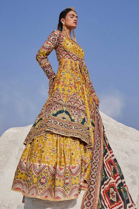 The Royaleum_Yellow Silk, Crepe Gota Patti, Beads, Embroidery Hand Kurta Bridal Lehenga Set _Online_at_Aza_Fashions