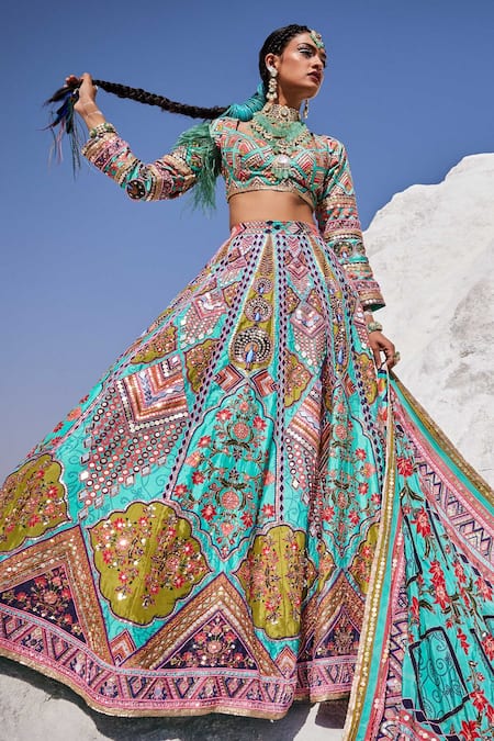 Shop The Royaleum Blue Silk, Crepe Sequins, Beads, Cut Hand Embroidered Blouse Bridal Lehenga Set Shop_The Royaleum_Blue Silk, Crepe Sequins, Beads, Cut Hand Embroidered Blouse Bridal Lehenga Set