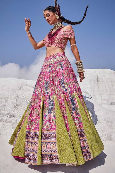 The Royaleum Green Silk, Crepe Sequins, Beads Hand Embroidered Blouse Bridal Lehenga Set Online at Aza Fashions The Royaleum_Green Silk, Crepe Sequins, Beads Hand Embroidered Blouse Bridal Lehenga Set _Online_at_Aza_Fashions