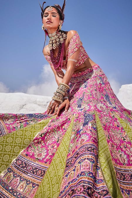 Buy The Royaleum Green Silk, Crepe Sequins, Beads Hand Embroidered Blouse Bridal Lehenga Set Online at Aza Fashions Buy_The Royaleum_Green Silk, Crepe Sequins, Beads Hand Embroidered Blouse Bridal Lehenga Set _Online_at_Aza_Fashions