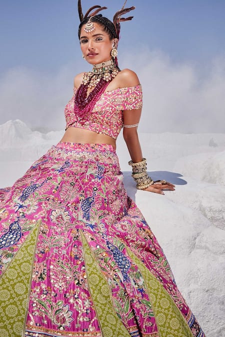 Shop The Royaleum Green Silk, Crepe Sequins, Beads Hand Embroidered Blouse Bridal Lehenga Set Online at Aza Fashions Shop_The Royaleum_Green Silk, Crepe Sequins, Beads Hand Embroidered Blouse Bridal Lehenga Set _Online_at_Aza_Fashions