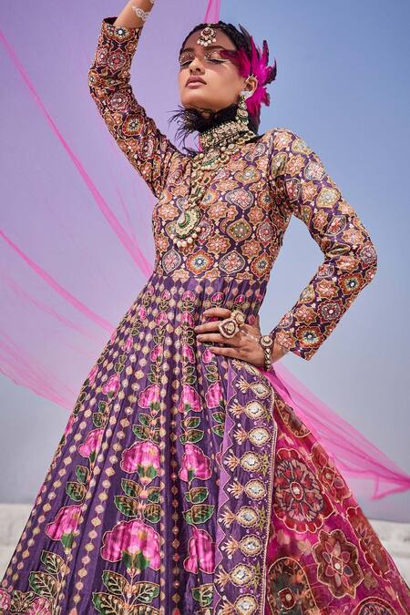 The Royaleum Purple Silk, Organza Cut Work, Embroidery V-neck Cutdana Anarkali With Dupatta Online at Aza Fashions The Royaleum_Purple Silk, Organza Cut Work, Embroidery V-neck Cutdana Anarkali With Dupatta _Online_at_Aza_Fashions