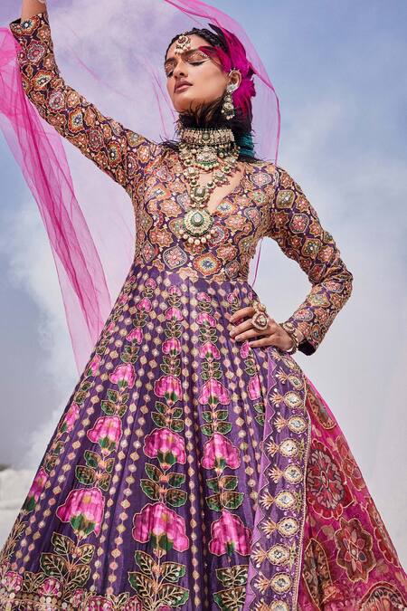 Buy The Royaleum Purple Silk, Organza Cut Work, Embroidery V-neck Cutdana Anarkali With Dupatta Online at Aza Fashions Buy_The Royaleum_Purple Silk, Organza Cut Work, Embroidery V-neck Cutdana Anarkali With Dupatta _Online_at_Aza_Fashions