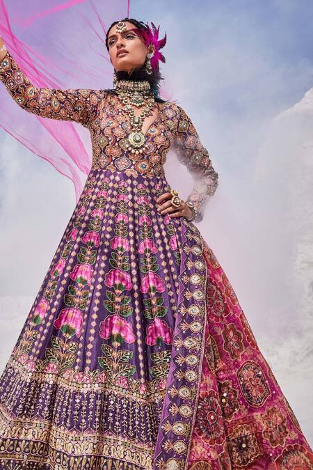 Shop The Royaleum Purple Silk, Organza Cut Work, Embroidery V-neck Cutdana Anarkali With Dupatta Online at Aza Fashions Shop_The Royaleum_Purple Silk, Organza Cut Work, Embroidery V-neck Cutdana Anarkali With Dupatta _Online_at_Aza_Fashions