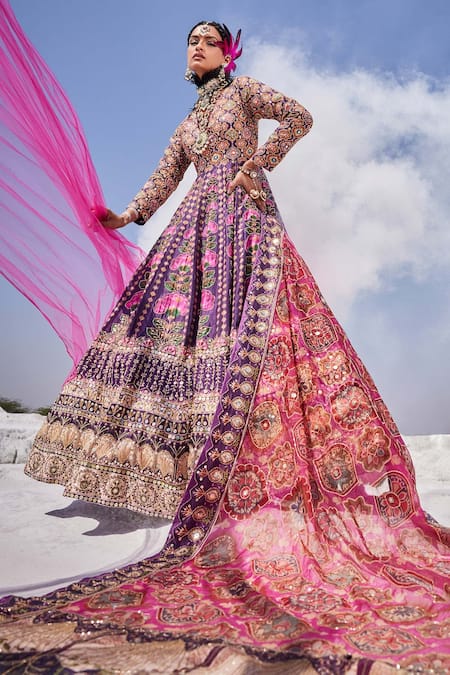 The Royaleum Purple Silk, Organza Cut Work, Embroidery V-neck Cutdana Anarkali With Dupatta at Aza Fashions The Royaleum_Purple Silk, Organza Cut Work, Embroidery V-neck Cutdana Anarkali With Dupatta _at_Aza_Fashions