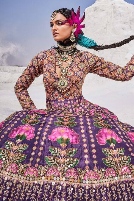 Buy The Royaleum Purple Silk, Organza Cut Work, Embroidery V-neck Cutdana Anarkali With Dupatta Buy_The Royaleum_Purple Silk, Organza Cut Work, Embroidery V-neck Cutdana Anarkali With Dupatta