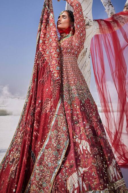 The Royaleum Red Silk, Organza Sequins, Beads, Stones V-neck Embroidered Anarkali Set Online at Aza Fashions The Royaleum_Red Silk, Organza Sequins, Beads, Stones V-neck Embroidered Anarkali Set _Online_at_Aza_Fashions