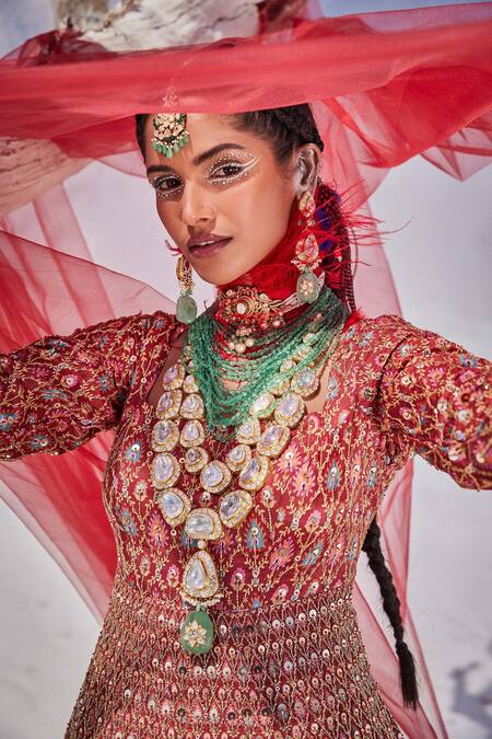 Buy The Royaleum Red Silk, Organza Sequins, Beads, Stones V-neck Embroidered Anarkali Set Online at Aza Fashions Buy_The Royaleum_Red Silk, Organza Sequins, Beads, Stones V-neck Embroidered Anarkali Set _Online_at_Aza_Fashions