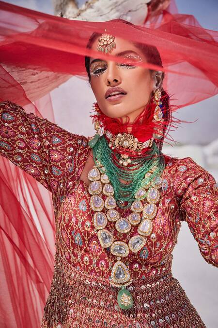 Shop The Royaleum Red Silk, Organza Sequins, Beads, Stones V-neck Embroidered Anarkali Set Online at Aza Fashions Shop_The Royaleum_Red Silk, Organza Sequins, Beads, Stones V-neck Embroidered Anarkali Set _Online_at_Aza_Fashions