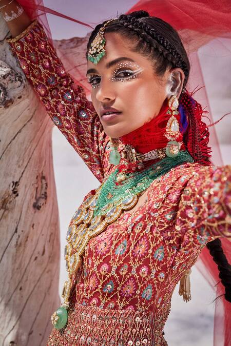 The Royaleum Red Silk, Organza Sequins, Beads, Stones V-neck Embroidered Anarkali Set at Aza Fashions The Royaleum_Red Silk, Organza Sequins, Beads, Stones V-neck Embroidered Anarkali Set _at_Aza_Fashions