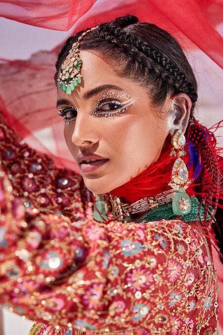 Buy The Royaleum Red Silk, Organza Sequins, Beads, Stones V-neck Embroidered Anarkali Set Buy_The Royaleum_Red Silk, Organza Sequins, Beads, Stones V-neck Embroidered Anarkali Set