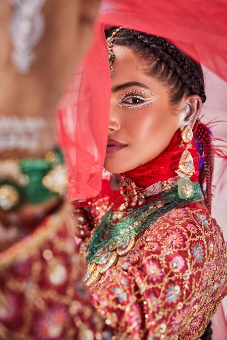 Shop The Royaleum Red Silk, Organza Sequins, Beads, Stones V-neck Embroidered Anarkali Set Shop_The Royaleum_Red Silk, Organza Sequins, Beads, Stones V-neck Embroidered Anarkali Set