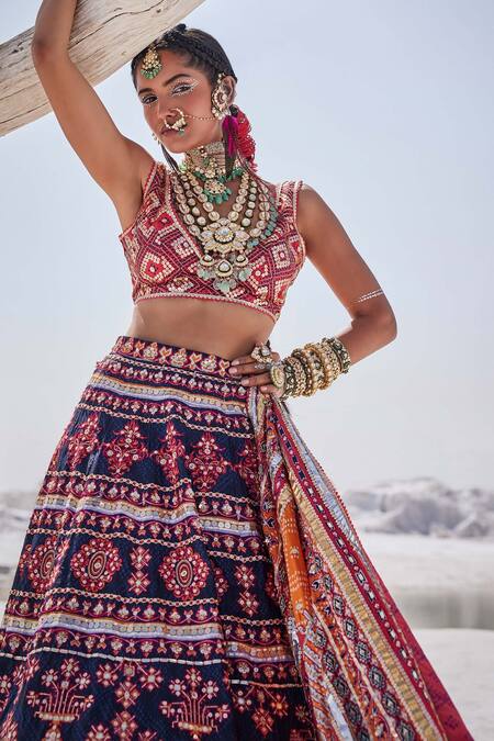 Buy The Royaleum Blue Silk, Crepe Sequins, Gota Resham Hand Embroidered Blouse Bridal Lehenga Set Buy_The Royaleum_Blue Silk, Crepe Sequins, Gota Resham Hand Embroidered Blouse Bridal Lehenga Set